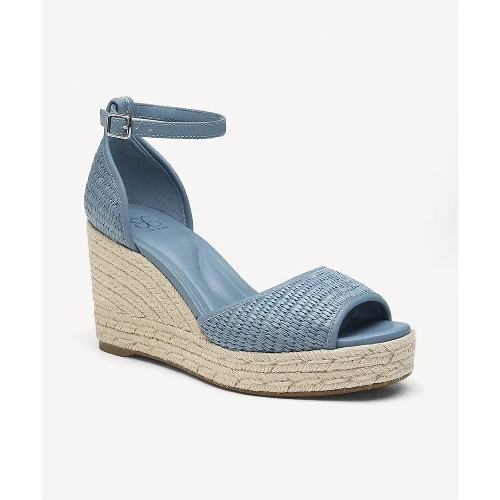 COSY ISLAND Blue‎ Raffia Wedge Sandals Round Toe Espadrille Platform Ankle Strap